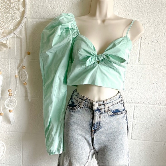 NWT Zara One Puff Shoulder Green Crop Top - Picture 9 of 16